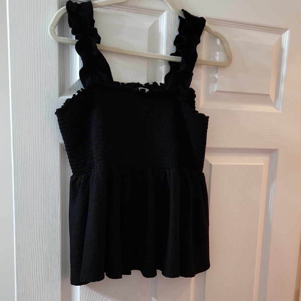 Black Ruffle Strap Smocked Peplum Top - Women